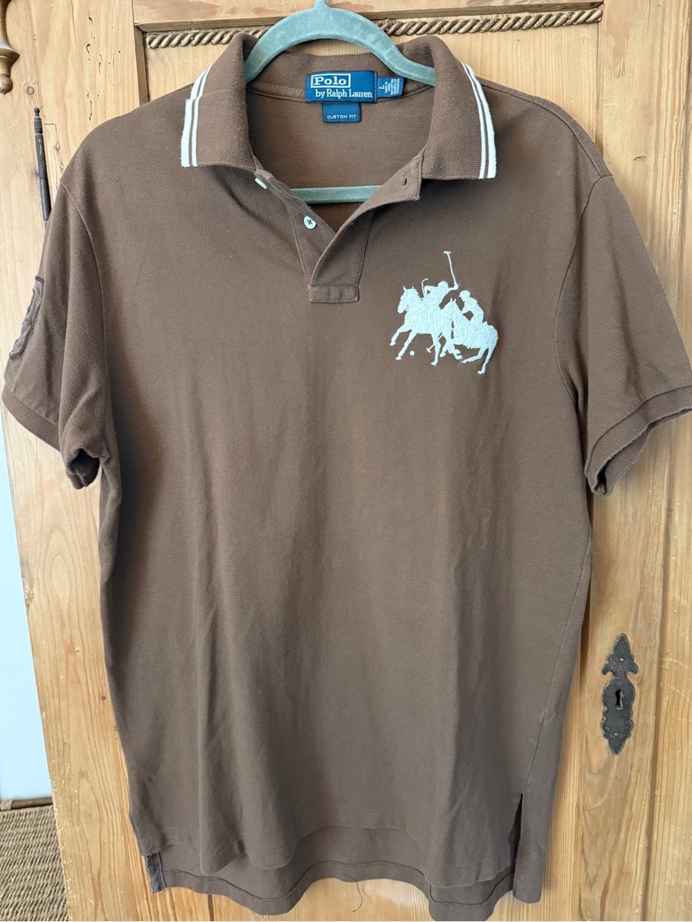Ralph Lauren Brown Polo with White Logo & Collar Stripes